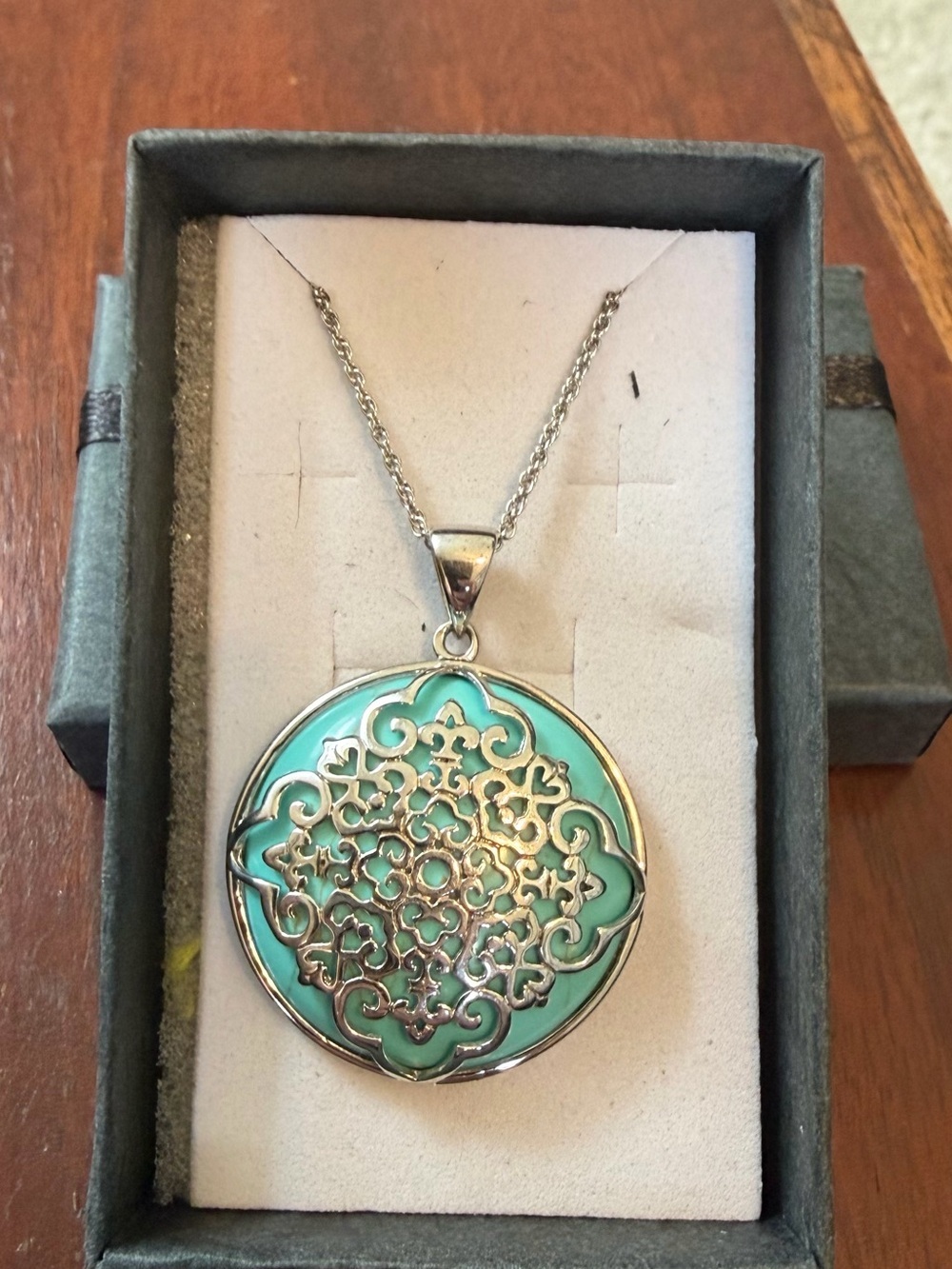 Macy's Silver Filigree Pendant Necklace with Turquoise Enamel